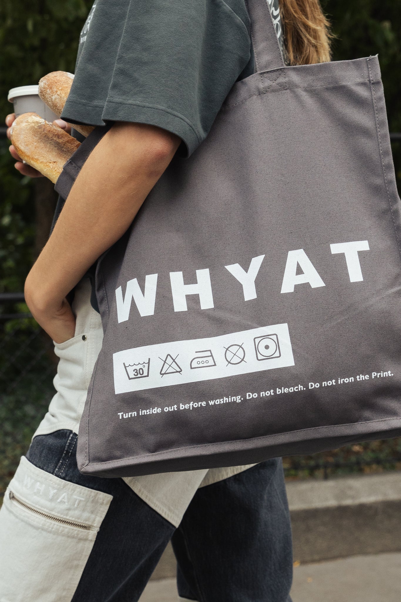 WHYAT WASHING-ADVICE TOTE BAG -GREY